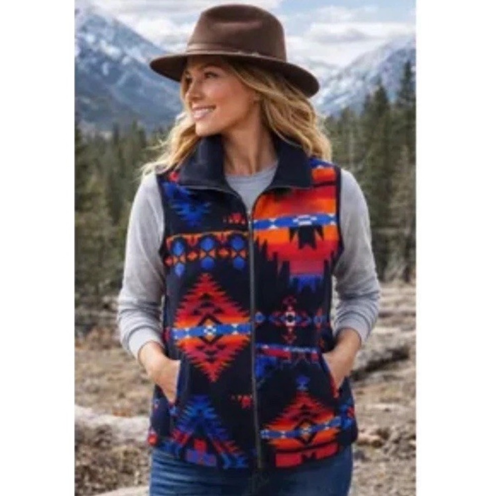 Women's Chaps Denim Ralph Lauren Aztec Fleece Vest Southwestern Zip Med